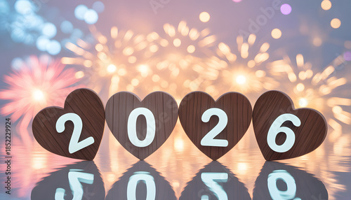 2026 Numbers on Heart-Shaped Wooden Blocks Celebrating New Year with Blurred Festive Fireworks Background on Reflective Surface