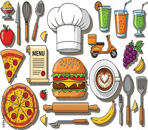 A colorful flat lay illustration displaying various culinary items including food drinks and cooking utensils arranged neatly