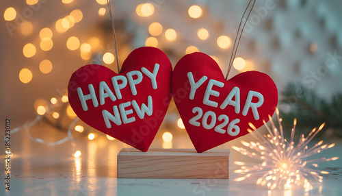 Happy New Year 2026 hearts for holiday celebration and festive greetings, bokeh background