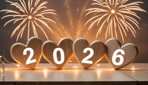 2026 on wooden heart blocks with festive fireworks, New Year celebration and future concept