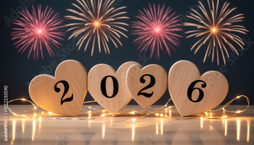 2026 New Year celebration with wooden heart numbers and festive fireworks, future concept background
