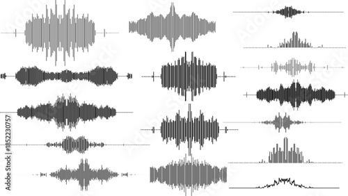Collection of various sound wave patterns and audio waveforms
