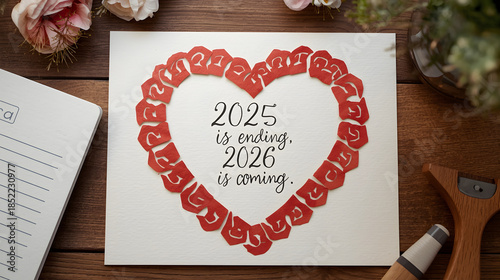 New Years message card with heart design for 2025 and 2026 transition, flat lay on wooden table