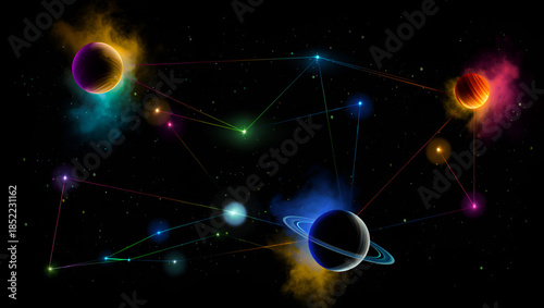 Wallpaper Mural Colorful cosmic planets connected by glowing lines in outer space   Torontodigital.ca