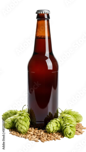 Brown beer bottle mockup with fresh hop cones composition, isolated on transparent background PNG (बीयर और हॉप्स)