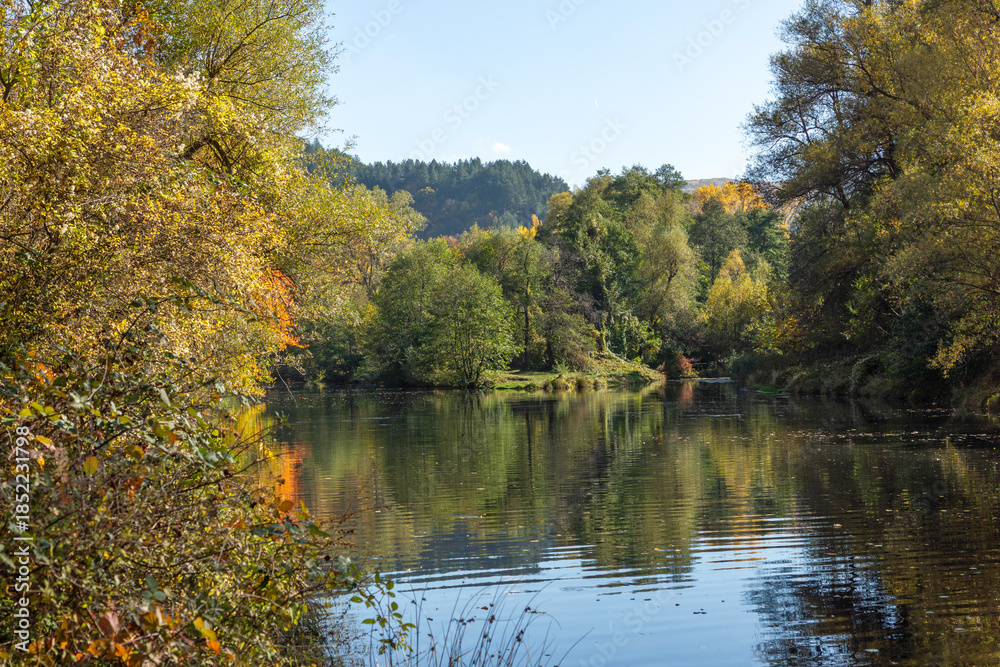 Fototapeta premium Landscape of Iskar River, passing near Lake Pancharevo, Bulgaria