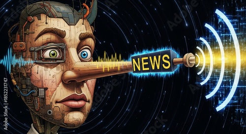 Man with Pinocchio nose and cyborg elements broadcasting fake news. Disinformation and propaganda concept in media or internet