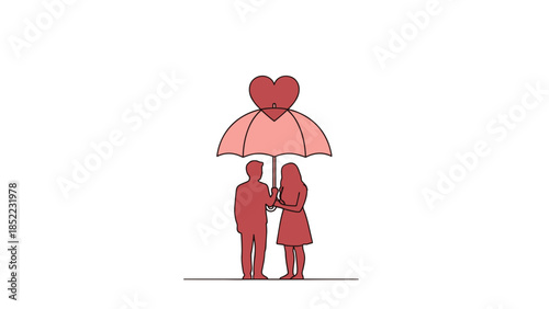 Romantic couple silhouette under heart umbrella sharing love concept