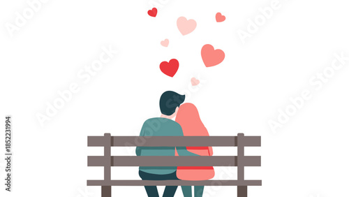 Couple sitting on a bench with hearts floating overhead, romantic scene illustration