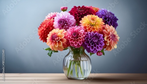 Colorful Dahlia Bouquet In Glass Vase
