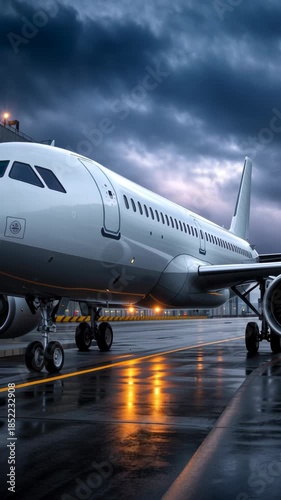 Airplane on runway during sunset with dark clouds in the background