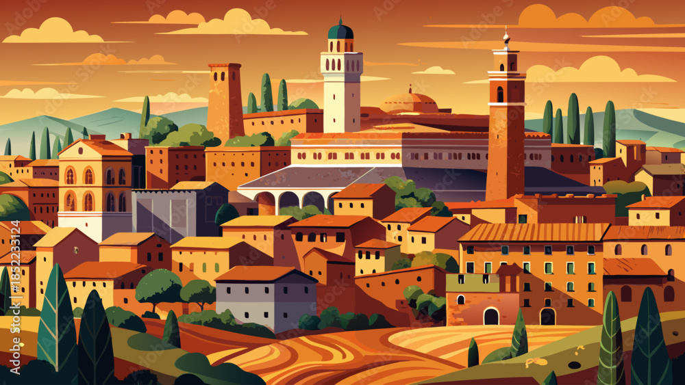 Fototapeta premium Very beautiful view of Siena’s medieval town square with historic brick buildings, warm earthy tones, and timeless Italian atmosphere reflecting centuries of culture and architectural heritage.