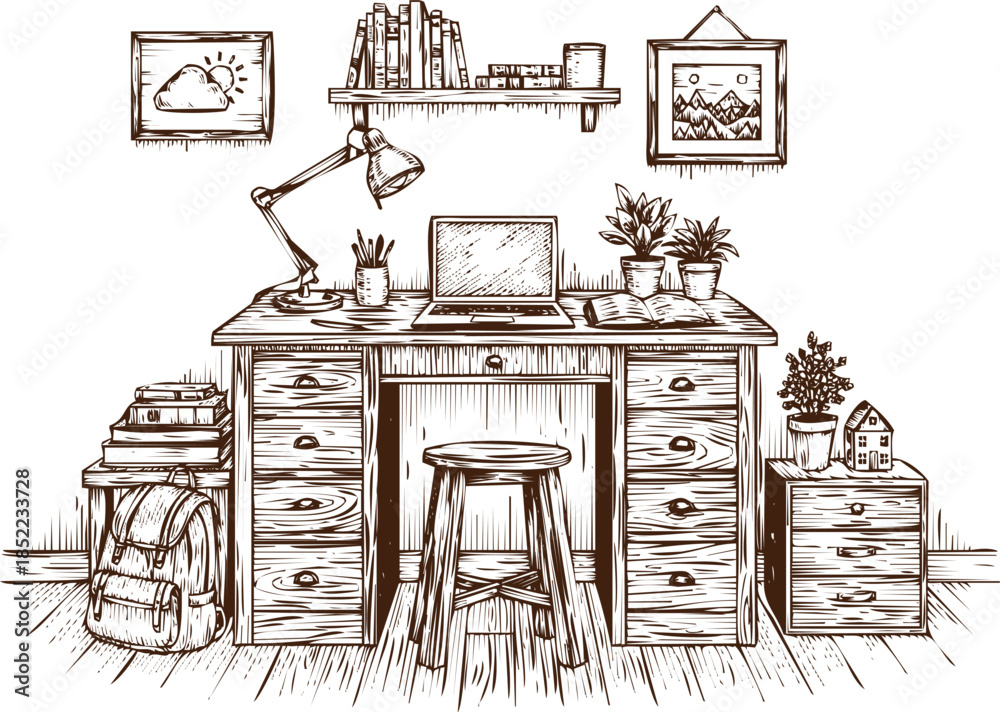 Fototapeta premium An engraving art style illustration hand drawn hand drawn sketch of a cozy home office desk setup with laptop, lamp, books, and plants