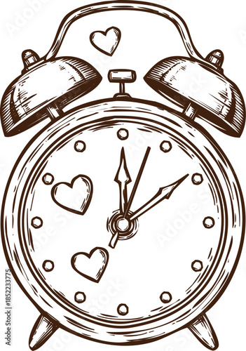 An engraving art style illustration hand drawn handdrawn sketch of an alarm clock with hearts instead of some numbers, symbolizing love and time