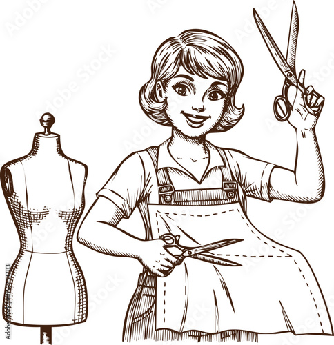 An engraving art style illustration hand drawn smiling seamstress or tailor woman holding scissors next to dress form mannequin sketch