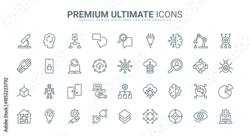 AI thin line icons set vector illustration. Abstract outline digital brain of bot and automatic machine learning, science future technology and automation network process, electronic smart tech system