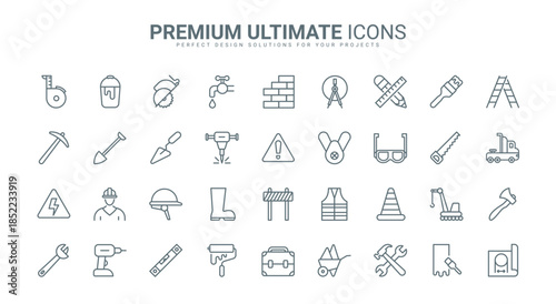 Building construction and repair equipment and tools thin line icons set vector illustration. Outline builder in helmet, protection boots, roulette level and crane, electricity and brickwork symbols