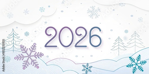 2026 Winter New Year Numbers On Snowy Blue Background With Snowflakes, Festive Seasonal Design For Holiday Greetings, Marketing Banners, Social Media, Calendars, Christmas And New Year Campaigns