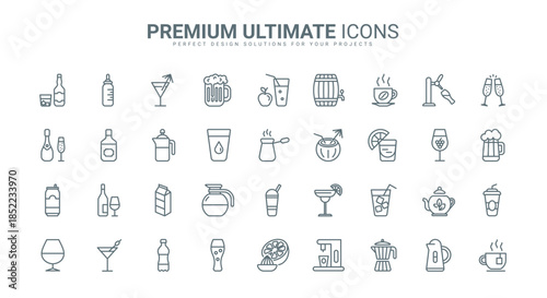 Drinks thin line icons set vector illustration. Outline restaurant and bar menu collection with mineral water, alcohol cocktails and fruit vitamin juice, hot coffee and tea, champagne and beer glass