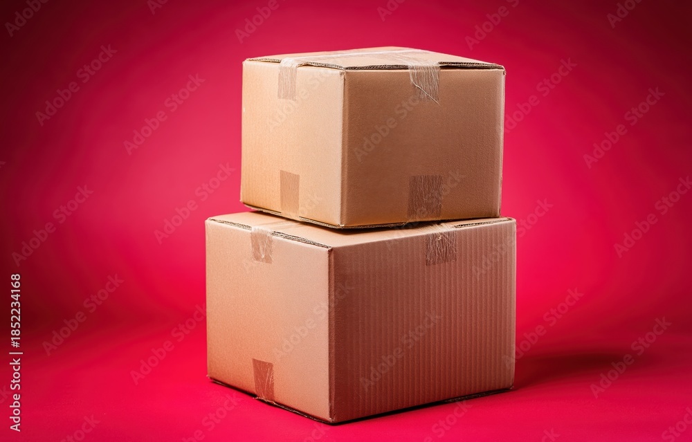 Obraz premium Two oversized cardboard boxes on a vibrant red background creating a bold visual contrast
