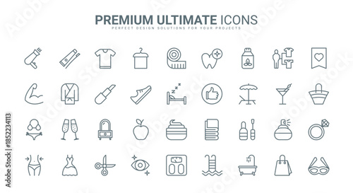 Fashion and beauty, cosmetics thin line icons set vector illustration. Outline health and skin care symbols, perfume and makeup in salon, barbershop and casual shopping, weight control with sports
