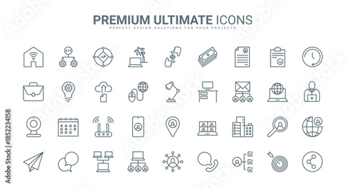 Remote work in home office, freelance thin line icons set vector illustration. Outline online business meeting and conference, internet job with computer and laptop, coworking workplace and resume