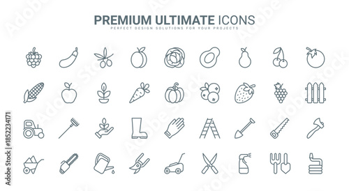 Garden tools and agriculture thin line icons set vector illustration. Abstract outline electric equipment, gardening tools with handle to care farm plants and lawn grass, vegetables and fruit