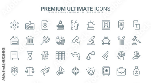 Legal system, law and justice thin line icons set vector illustration. Abstract outline lawyer and judge from government court building, jail and handcuffs for criminal, sheriff and police badge