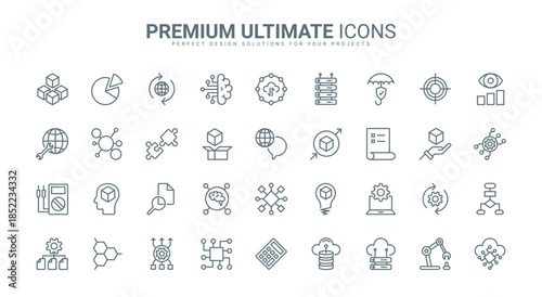 AI, machine learning and science thin line icons set vector illustration. Outline intelligent machine with neural electronic system, innovation of artificial intelligence and digital data support