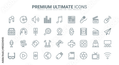 Multimedia technology, TV, video and music production thin line icons set vector illustration. Abstract outline movie cinema theatre and camera, 3D glasses and speakers, headphones and gamepad