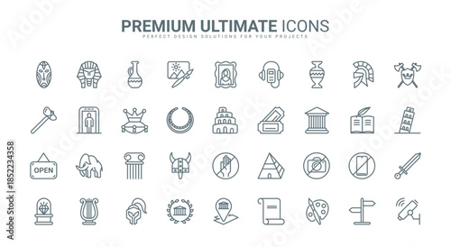 Museum thin line icons set vector illustration. Outline artwork exhibits of art and history gallery, exhibition with antique artifacts and culture heritage collection for visitors, school excursion