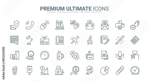 Office technology thin line icons set vector illustration. Outline business communication, approval documents and management, managers workplace symbols, finance presentation and work strategy