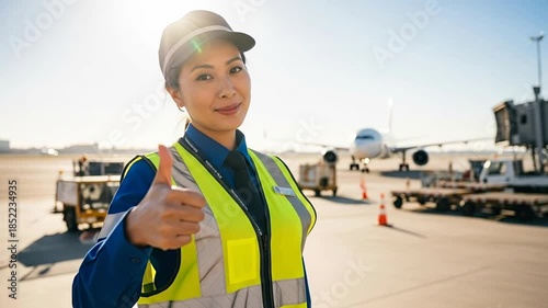 Airport ground crew member giving a thumbs up at the runway apron.