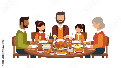 Multi generational family enjoying a festive thanksgiving dinner together at a round