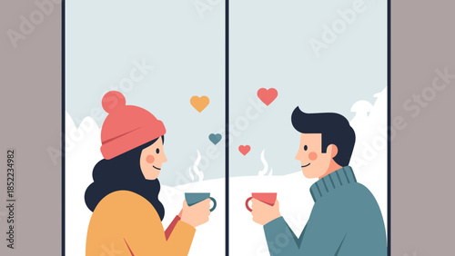 Cozy illustration of couple drinking hot beverage by window in winter