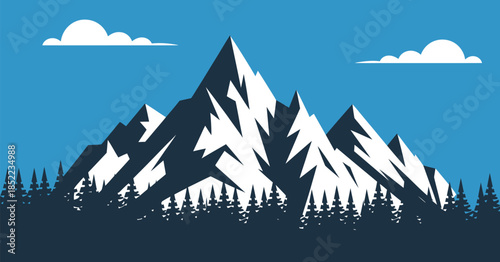 Majestic mountain range with evergreen forest and clouds illustration