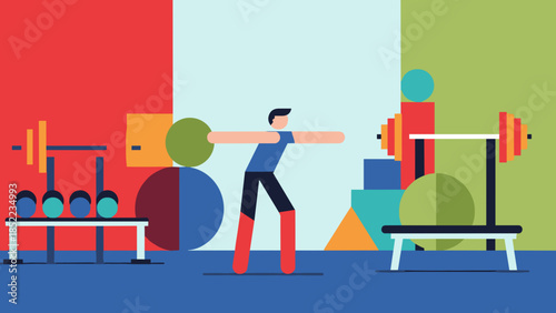 Stylized design of a man lifting barbell in colorful geometric setting