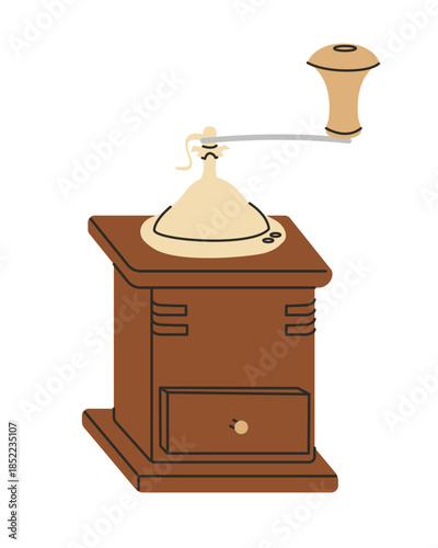 Hand coffee grinder isolated on white background. Breakfast symbol. Coffee beans, kitchen, coffee shop, cafe. Flat and colored style. Flat design. Vector illustration.