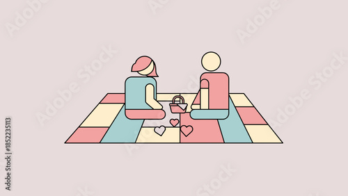 Couple enjoys picnic on a colorful checkered blanket, cartoon illustration