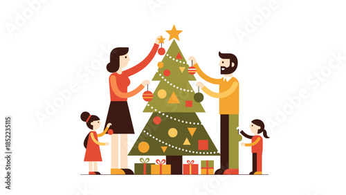 Family decorates christmas tree, creating festive holiday atmosphere at home