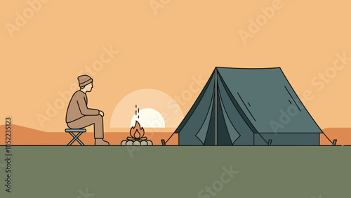 Illustrative camping scene featuring a tent, campfire and person at sunset