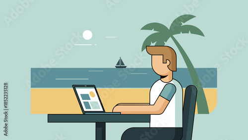 Man works remotely with laptop on beach, palm tree and sailboat offshore