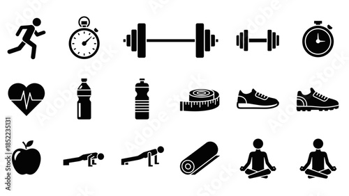 Fitness icons depicting workout equipment, exercises and healthy lifestyle symbols
