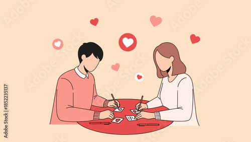 Couple on a romantic date sharing food and drinks with heart icons, flat illustration
