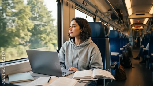 Woman Working on Laptop During Train Ride Observing Scenery Through Window on a Morning Journey.