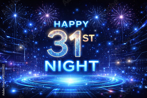 Happy New Year celebration sign glowing at night with stars and festive lights