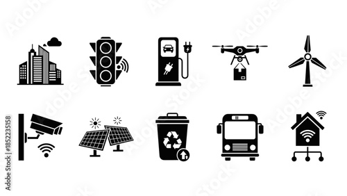 Smart city glyphs depicting clean power, technology, surveillance, transport