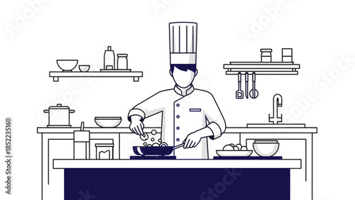 Chef cooking a dish, illustration, standing at the kitchen counter, line art