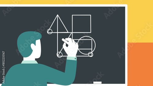 Teacher drawing geometric shapes on blackboard, demonstrating mathematical concepts