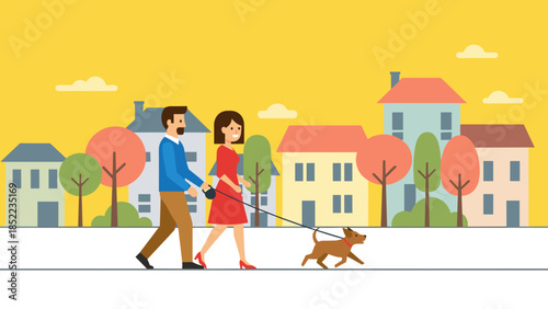 Animated couple strolls alongside their dog amidst colorful buildings and trees